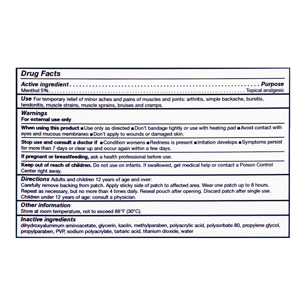 Drug facts label for a topical analgesic product with active ingredient, purpose, warnings, and directions.
