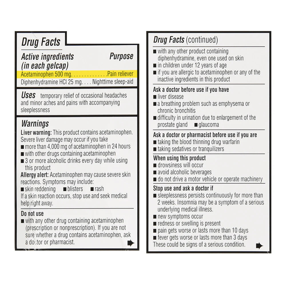 Drug label with acetaminophen and diphenhydramine ingredients and usage instructions.