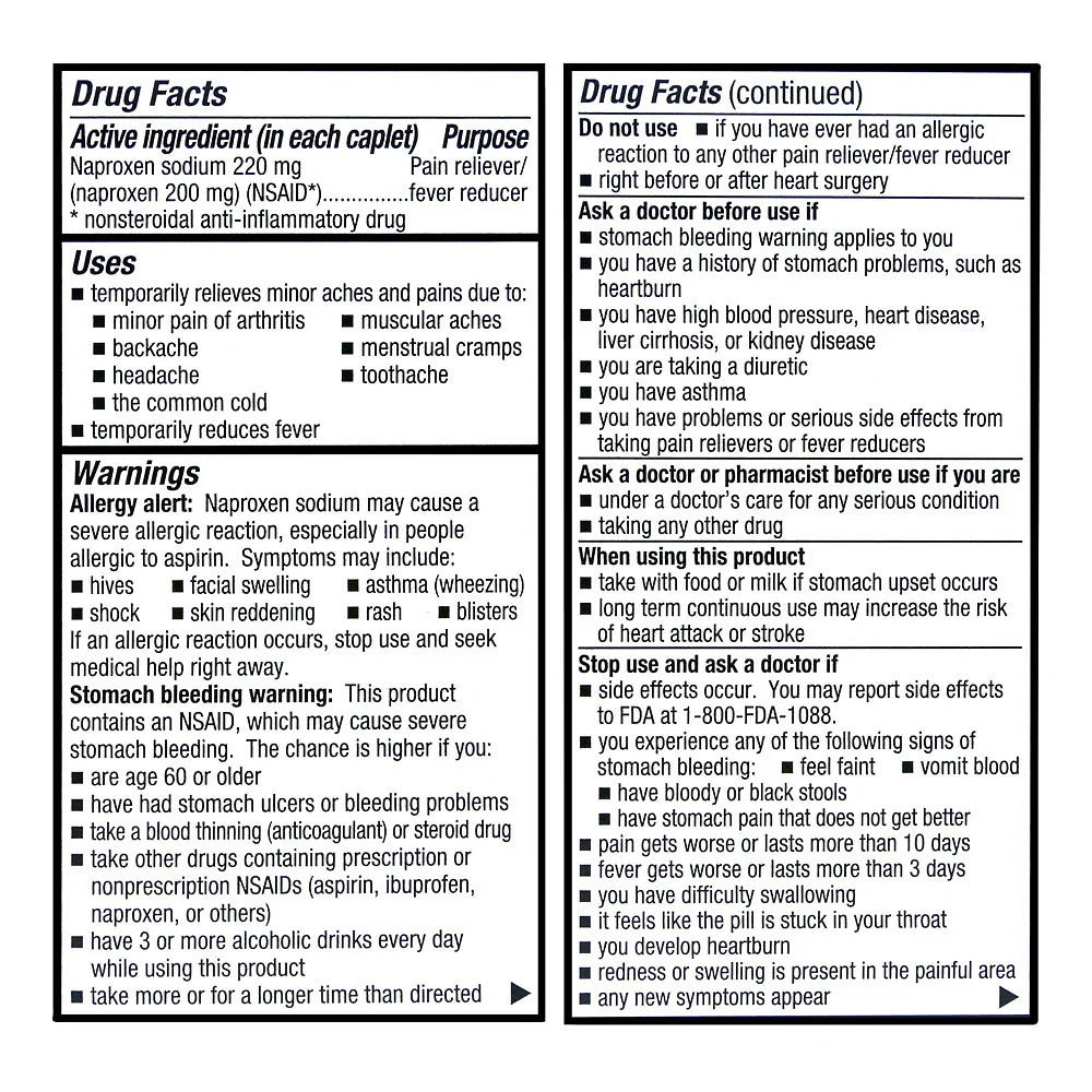 Drug facts label for a pain reliever medication on a white background