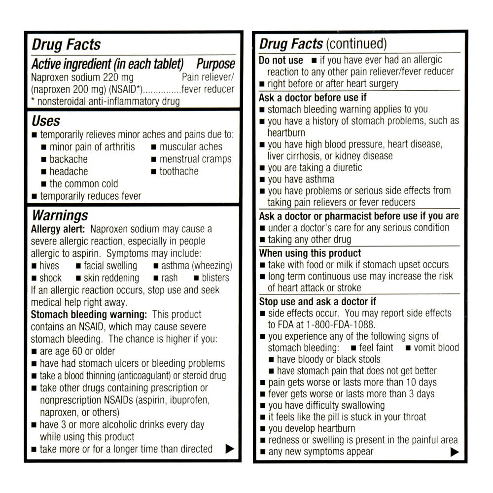 Drug facts label for a pain reliever tablet with active ingredient, uses, warnings, and directions.