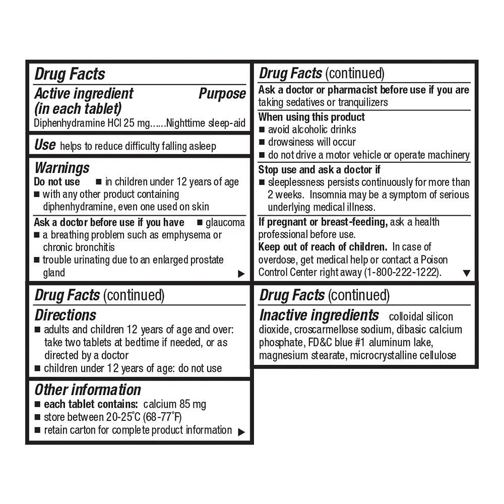 Drug label with detailed information on a nighttime sleep-aid tablet
