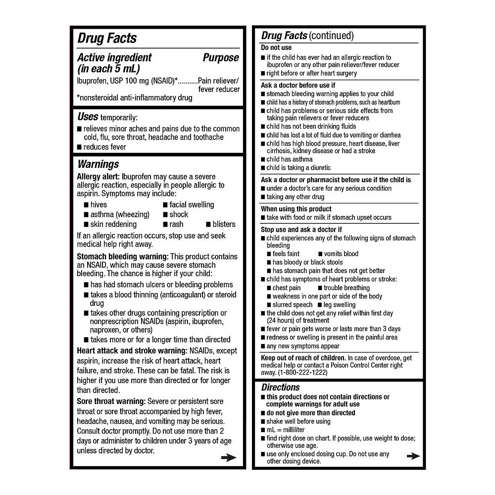 Drug facts label for a medication with active ingredient Ibuprofen on a white background