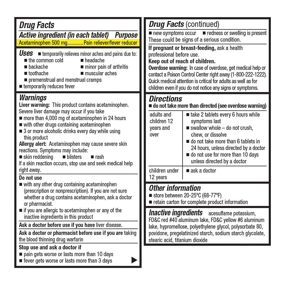 Drug label for acetaminophen tablets with detailed instructions and warnings.