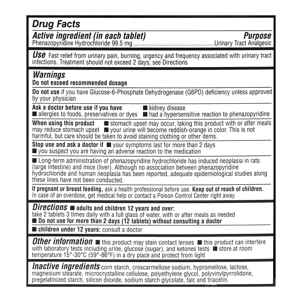 Drug label for phenazopyridine hydrochloride tablets with active ingredient and usage instructions.