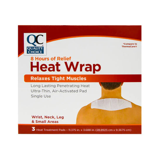 Box of Quality Choice Heat Wrap with a person wearing the wrap on their neck.