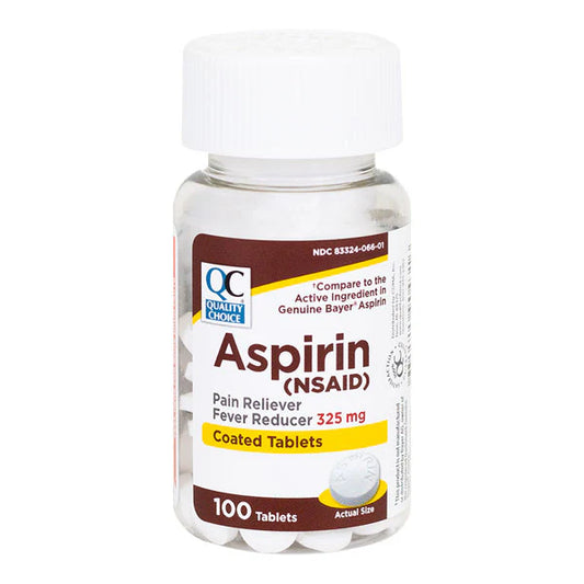 Bottle of Aspirin (NSAID) with label on a white background