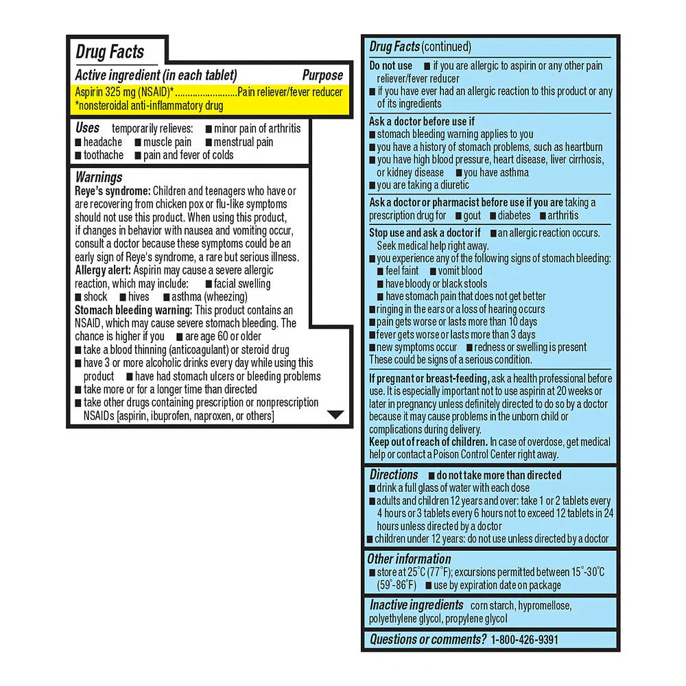 Drug facts label for a pain reliever/reducer product on a white background