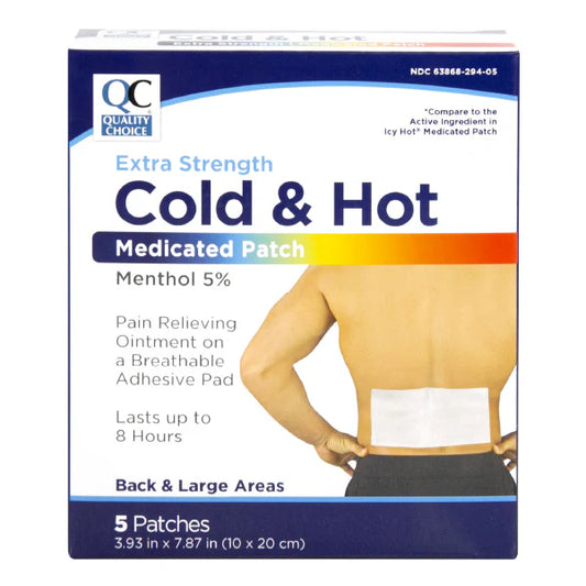 Box of Extra Strength Cold & Hot Medicated Patch by Quality Choice on a white background