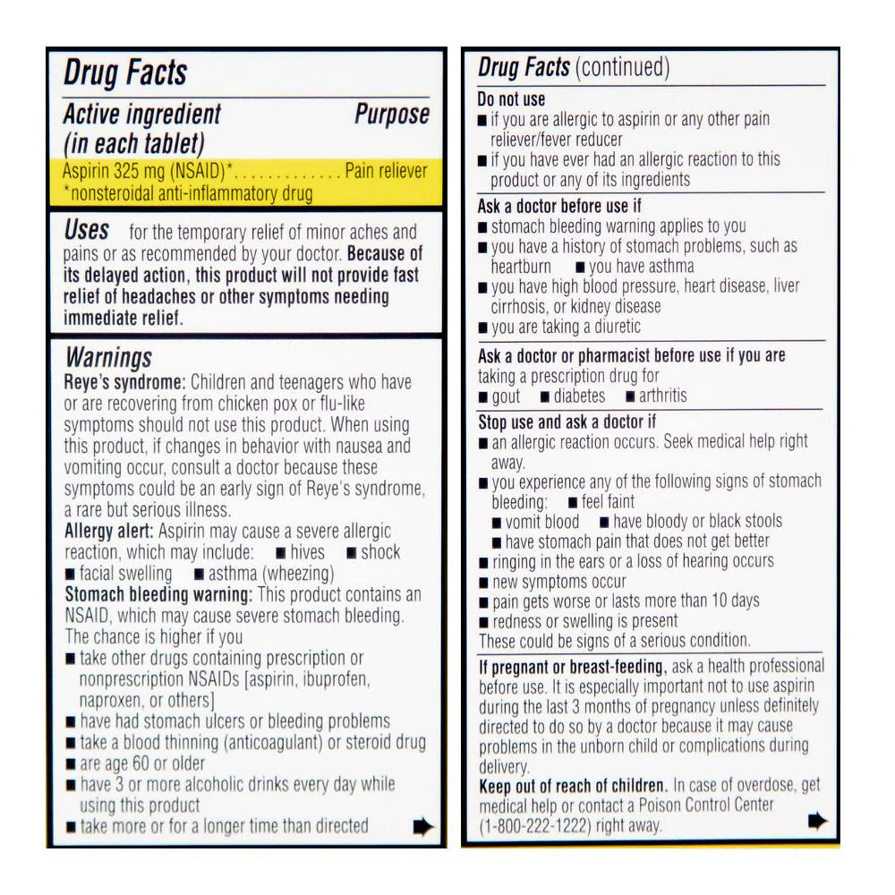 Drug facts label for aspirin tablets with active ingredient, purpose, uses, warnings, and directions.