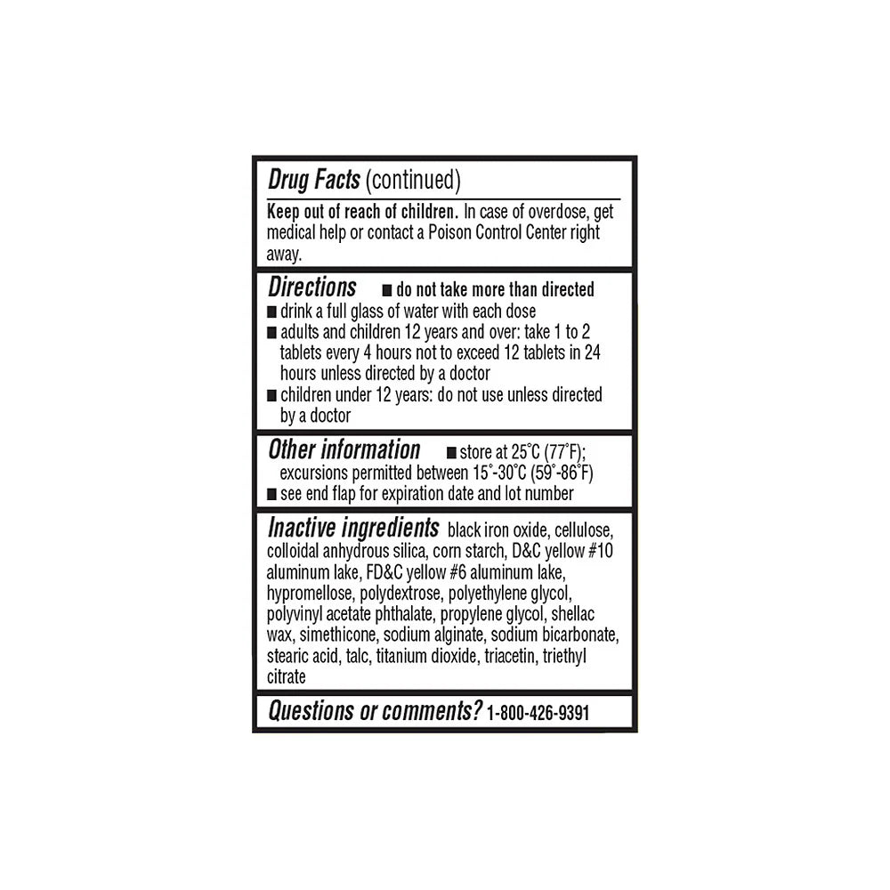 Drug facts label with directions and inactive ingredients on a white background