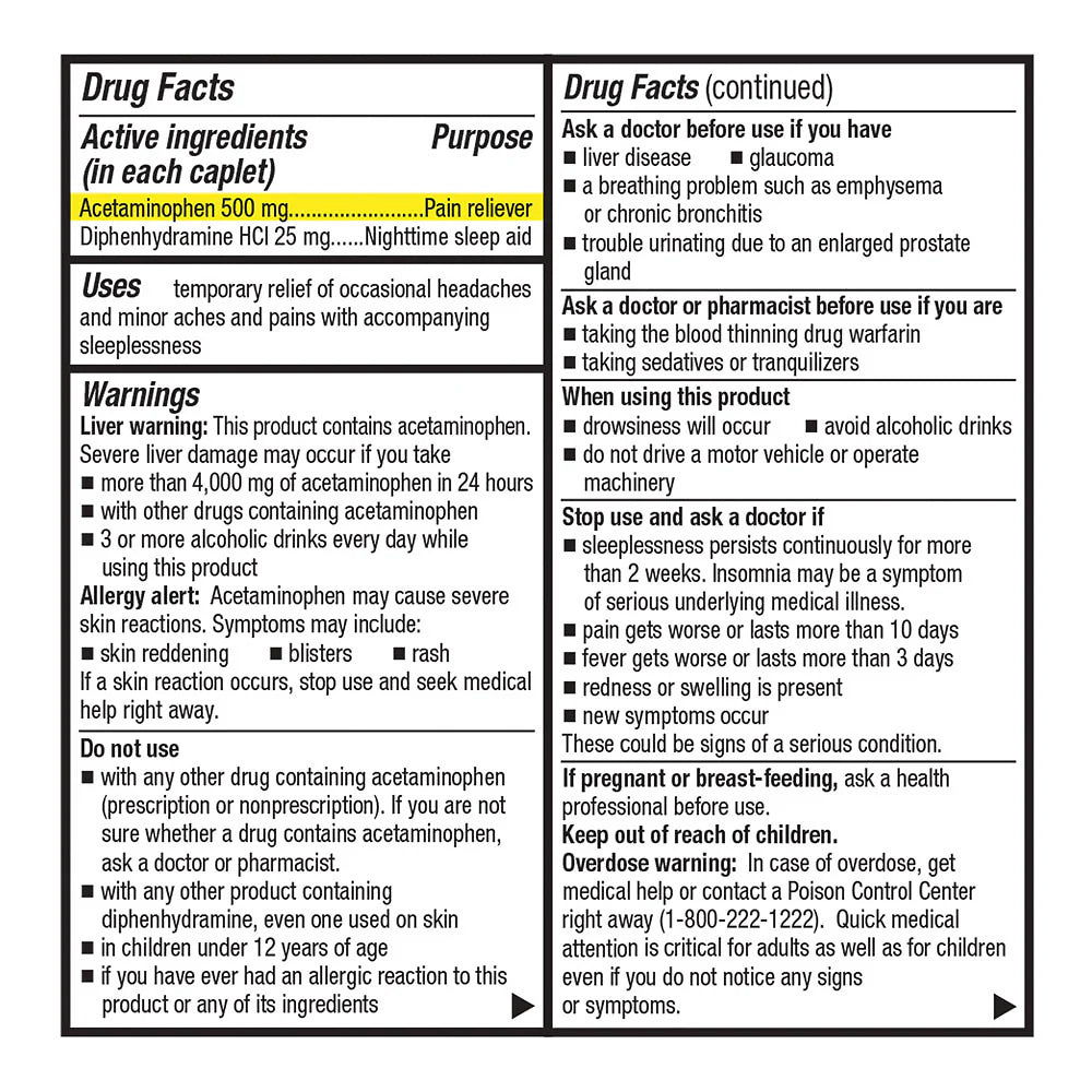 Drug label with acetaminophen and diphenhydramine HCl information