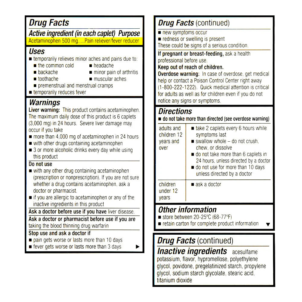 Drug facts label for a medication with acetaminophen content on a white background
