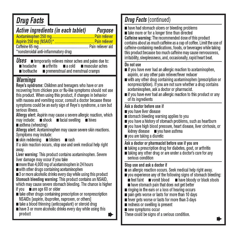 Drug facts label for a pain reliever tablet with active ingredients and warnings.