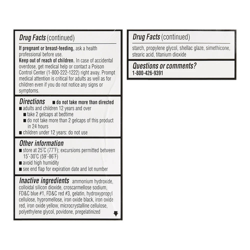 Drug facts label with directions and inactive ingredients on a white background