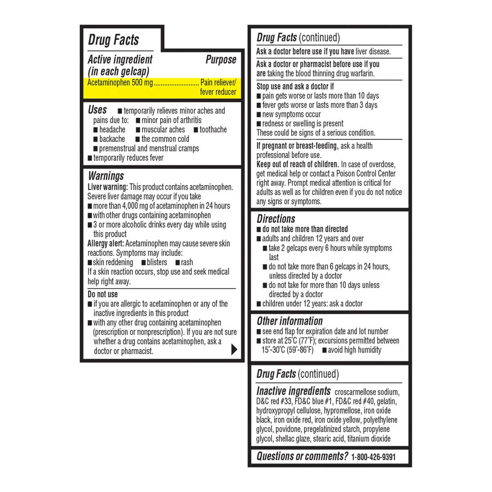 Drug label with acetaminophen content and usage instructions on a white background