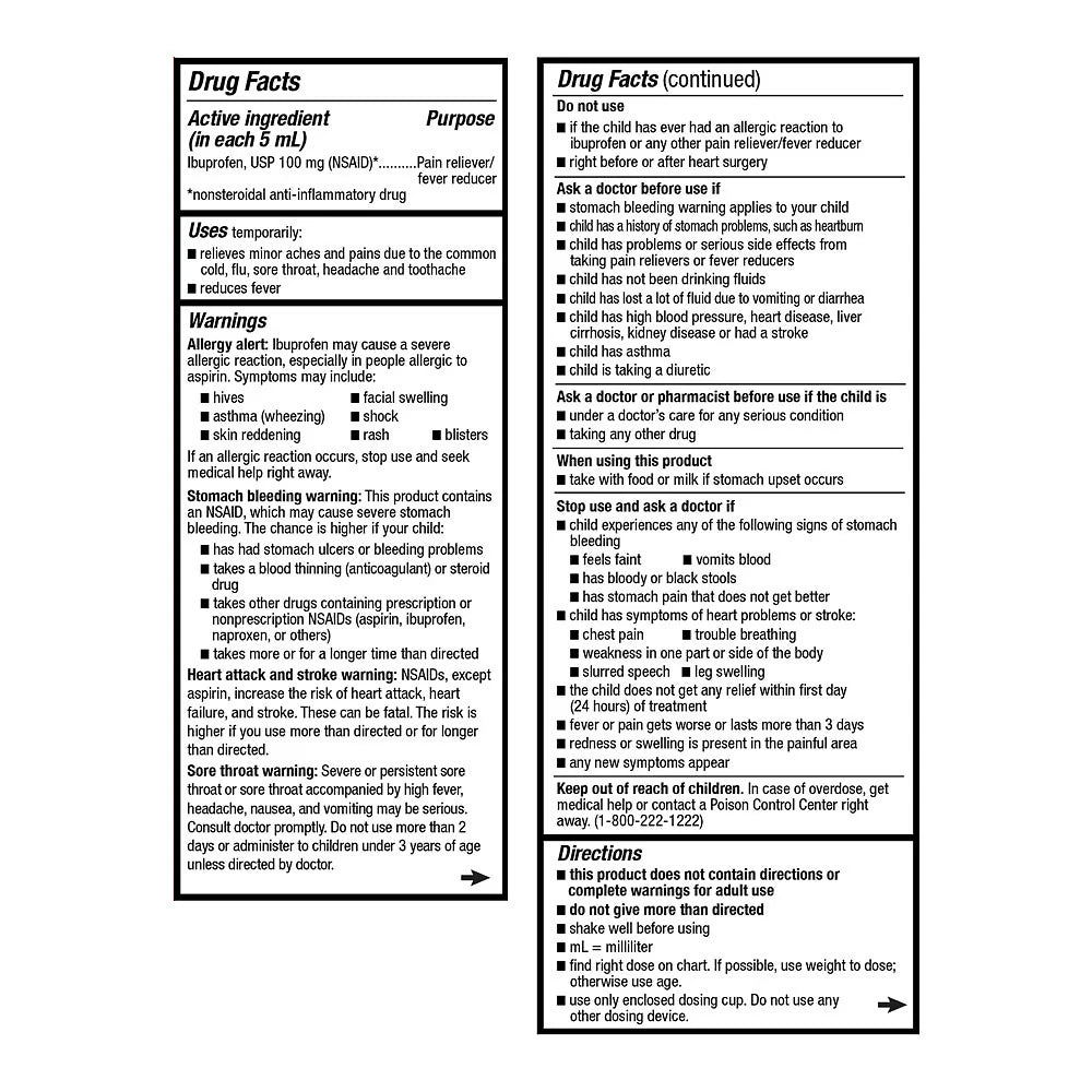 Drug facts label for a medication with active ingredient, purpose, uses, warnings, and directions.