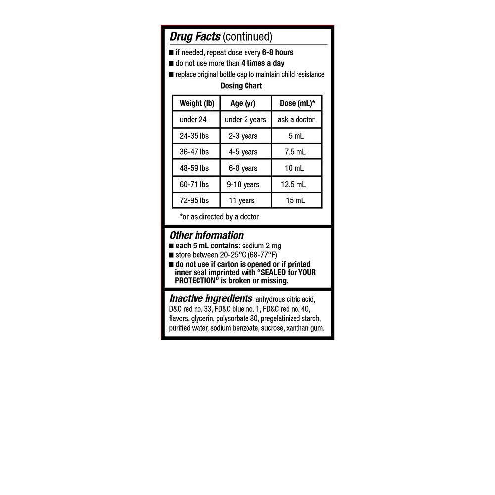 Drug facts label with dosing chart on a white background