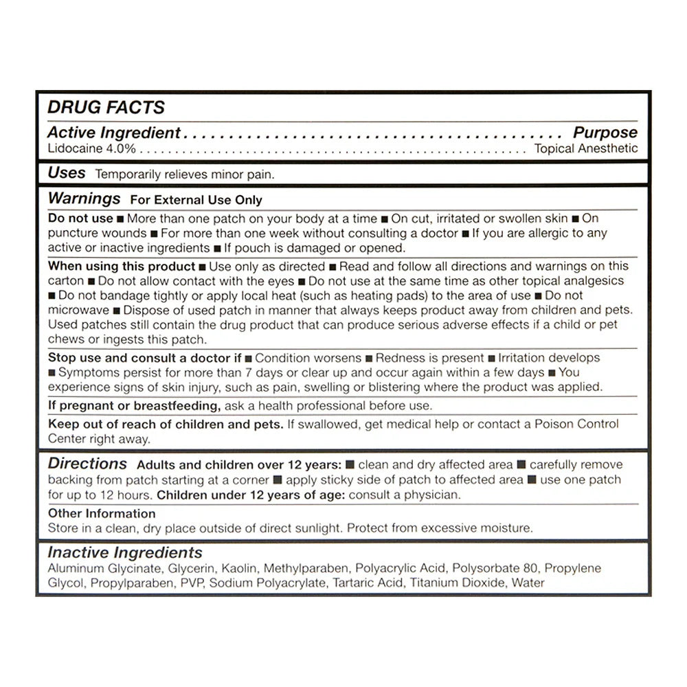 Drug facts label for a topical anesthetic patch with active ingredient, purpose, uses, warnings, and directions.