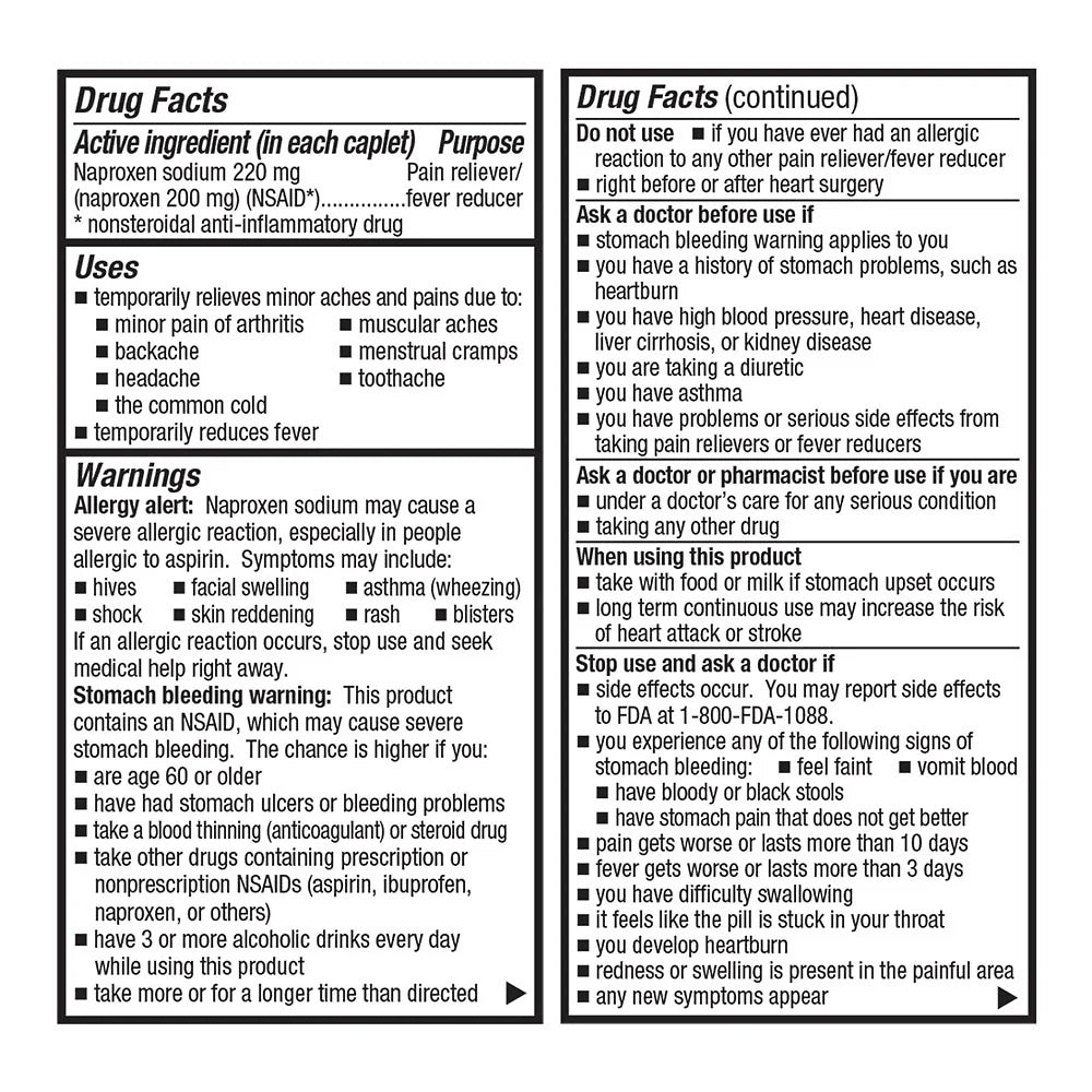 Drug facts label for a pain reliever medication with active ingredient, uses, warnings, and directions.