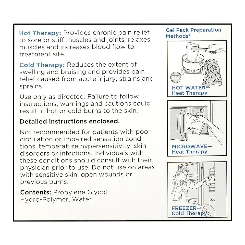 Instructions for using hot and cold therapy packs with preparation methods and safety warnings.