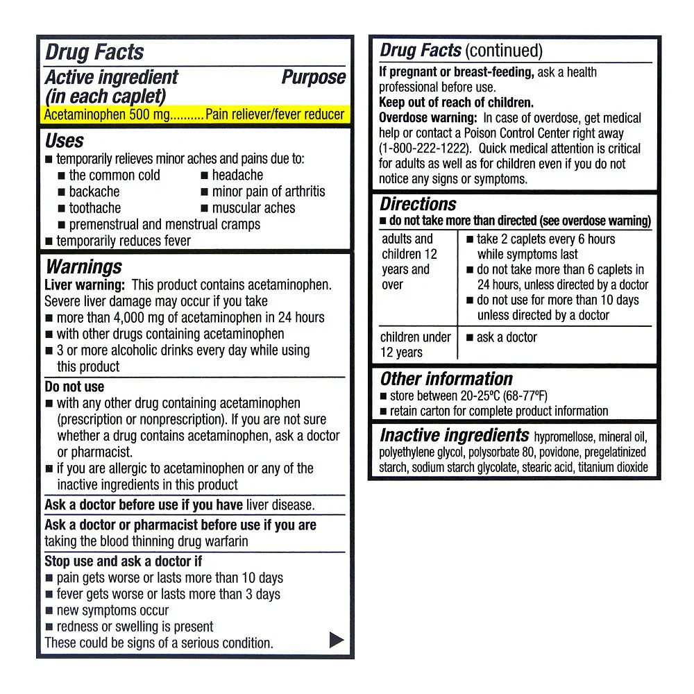 Drug facts label for a pain reliever/fever reducer with acetaminophen content.