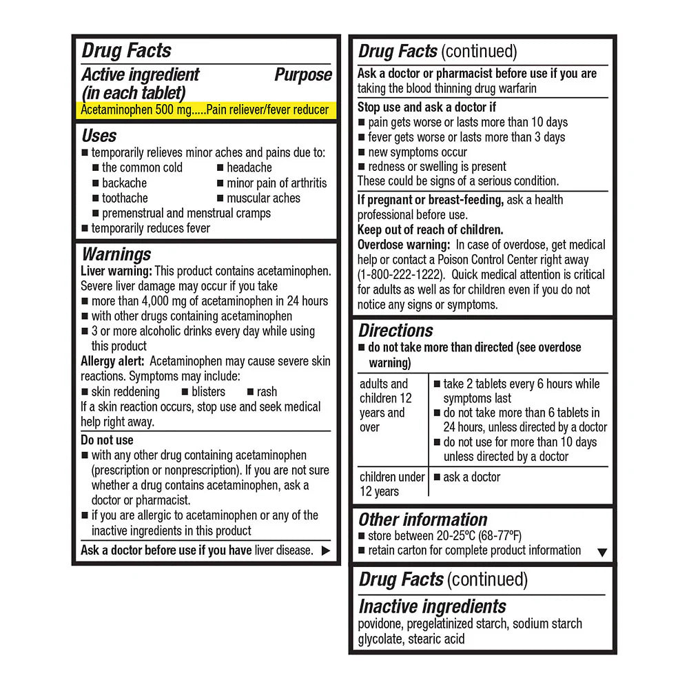 Drug label with acetaminophen information on a white background