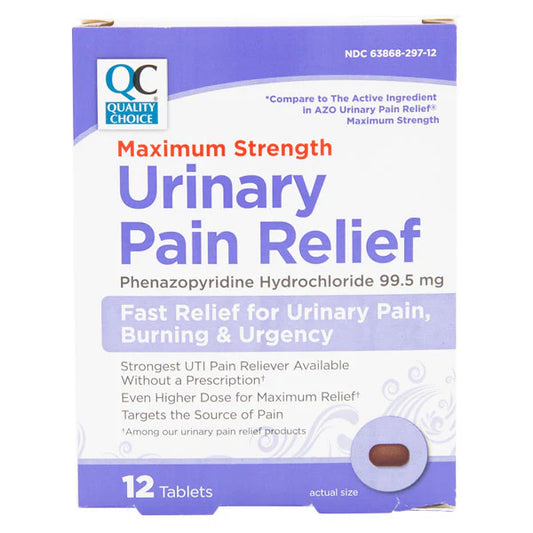 Box of Maximum Strength Urinary Pain Relief tablets with purple and white design.