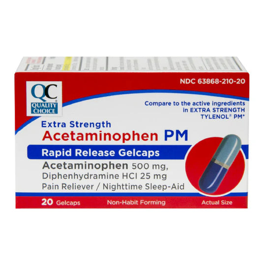 Box of Extra Strength Acetaminophen PM Rapid Release Gelcaps on a white background