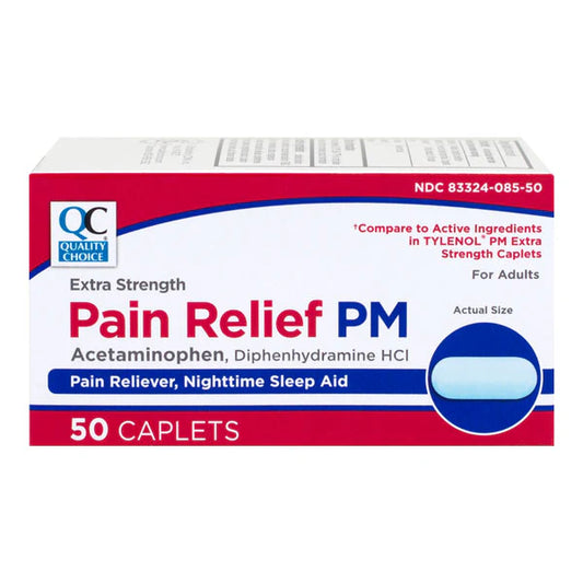 Box of Extra Strength Pain Relief PM caplets with red, white, and blue design.
