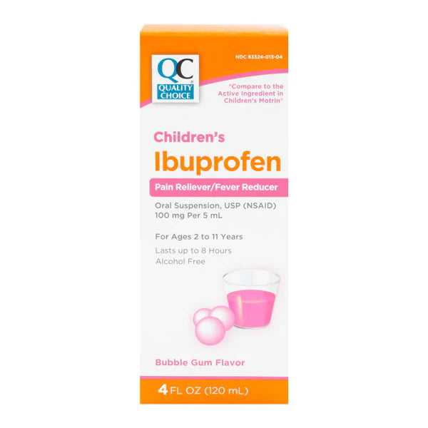 Box of Quality Choice Children's Ibuprofen in bubble gum flavor on a white background