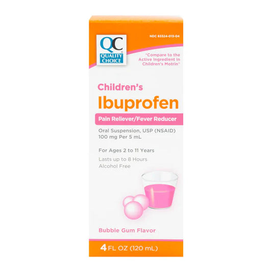 Box of Quality Choice Children's Ibuprofen in bubble gum flavor on a white background