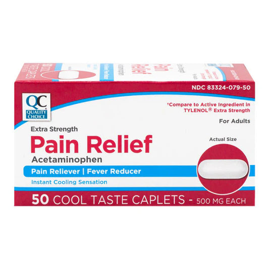 Box of Quality Choice Extra Strength Pain Relief Acetaminophen caplets on a white background