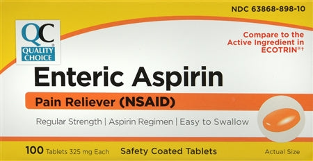 Box of Enteric Aspirin Pain Reliever (NSAID) by Quality Choice with yellow and white design.