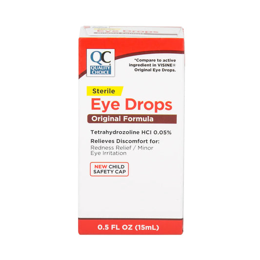 Box of QC Quality Choice Sterile Eye Drops on a white background