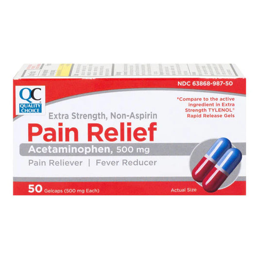 Box of Quality Choice Extra Strength Pain Relief Acetaminophen 500 mg on a white background