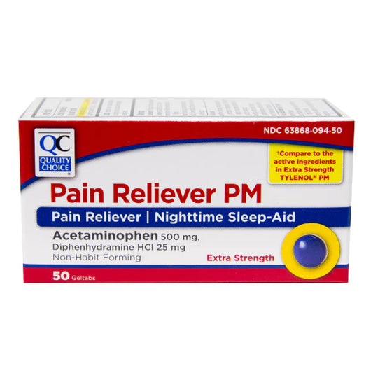 Box of Pain Reliever PM with acetaminophen and diphenhydramine on a white background
