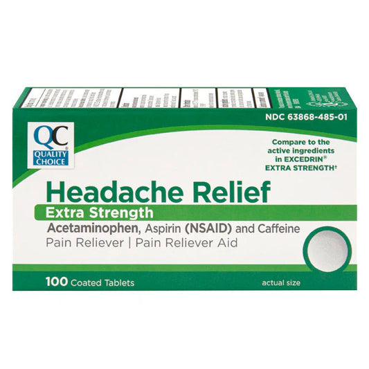 Box of Quality Choice Extra Strength Headache Relief with green and white design