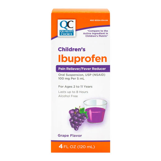 Children's Ibuprofen packaging with grape flavor on a white background
