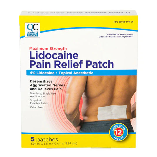 Box of Maximum Strength Lidocaine Pain Relief Patch with a person wearing a patch on their back.
