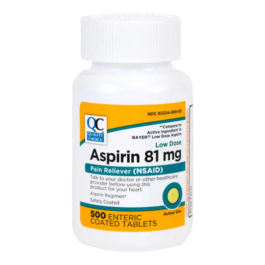 Bottle of Aspirin 81 mg tablets on a white background