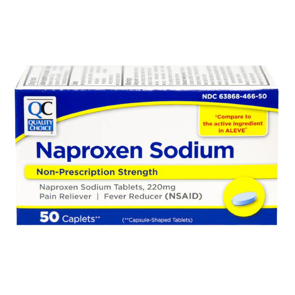 Box of Naproxen Sodium caplets with Quality Choice logo on a white background