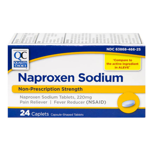 Box of Naproxen Sodium caplets with Quality Choice logo on a white background
