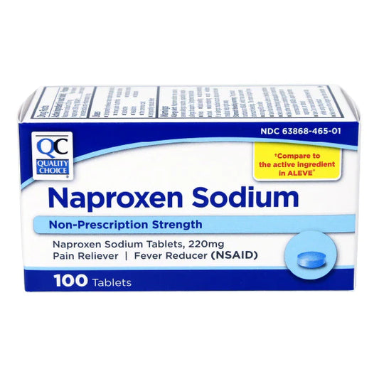 Box of Naproxen Sodium tablets by Quality Choice on a white background