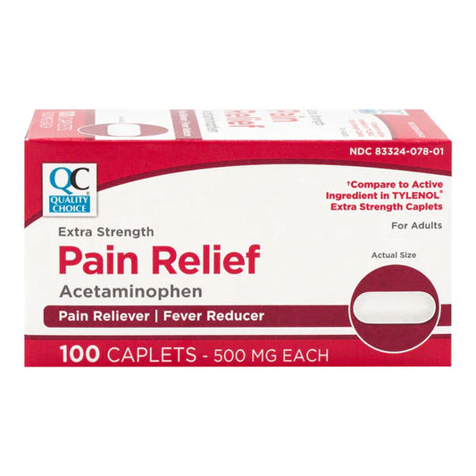 Box of Extra Strength Pain Relief Acetaminophen caplets with Quality Choice logo.