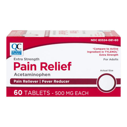 Box of Extra Strength Pain Relief Acetaminophen tablets on a white background
