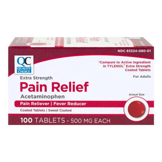 Box of Extra Strength Pain Relief Acetaminophen tablets on a white background