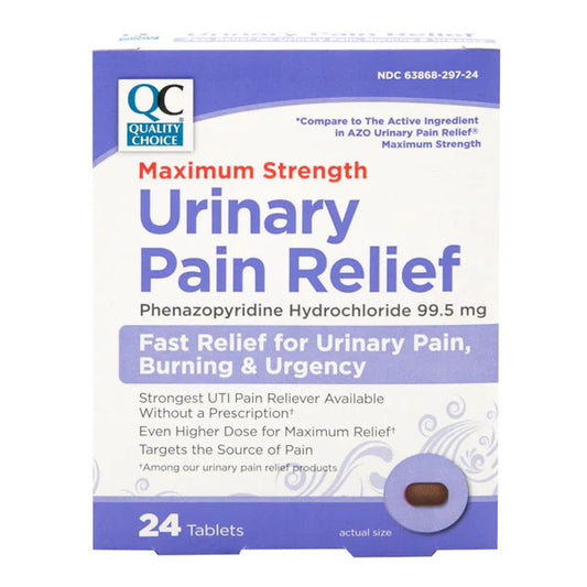 Box of Maximum Strength Urinary Pain Relief tablets with blue and white design.